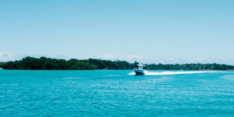 Florida Keys Stock Island small motorboat in the sea