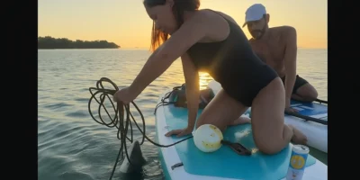 Paddleboarder rescues shark entangled in rope Paddleboarder rescues shark entangled in rope