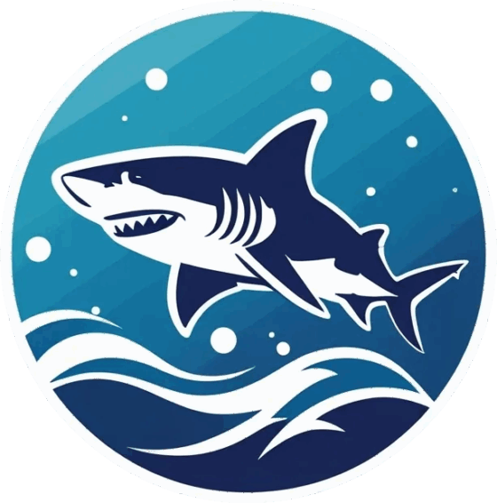 Shark diving logo with shark and waves