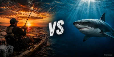 Angler in a kayak facing a shark as a symbol of catch depredation