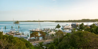 Small harbour on Bimini with sailing boats, motorboats, coastline and sea