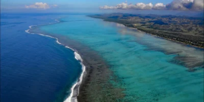 Aerial view of Bourail lagoon and its barrier reef in New Caledonia
