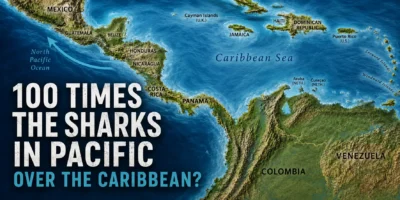 Map of Central America asking whether the Pacific has 100 times more sharks than the Caribbean