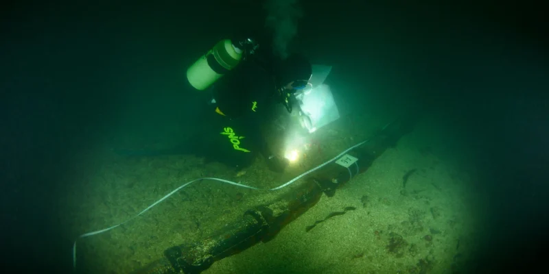 Diver examining a colonised submarine cable on the seabed at Paimpol-Bréhat