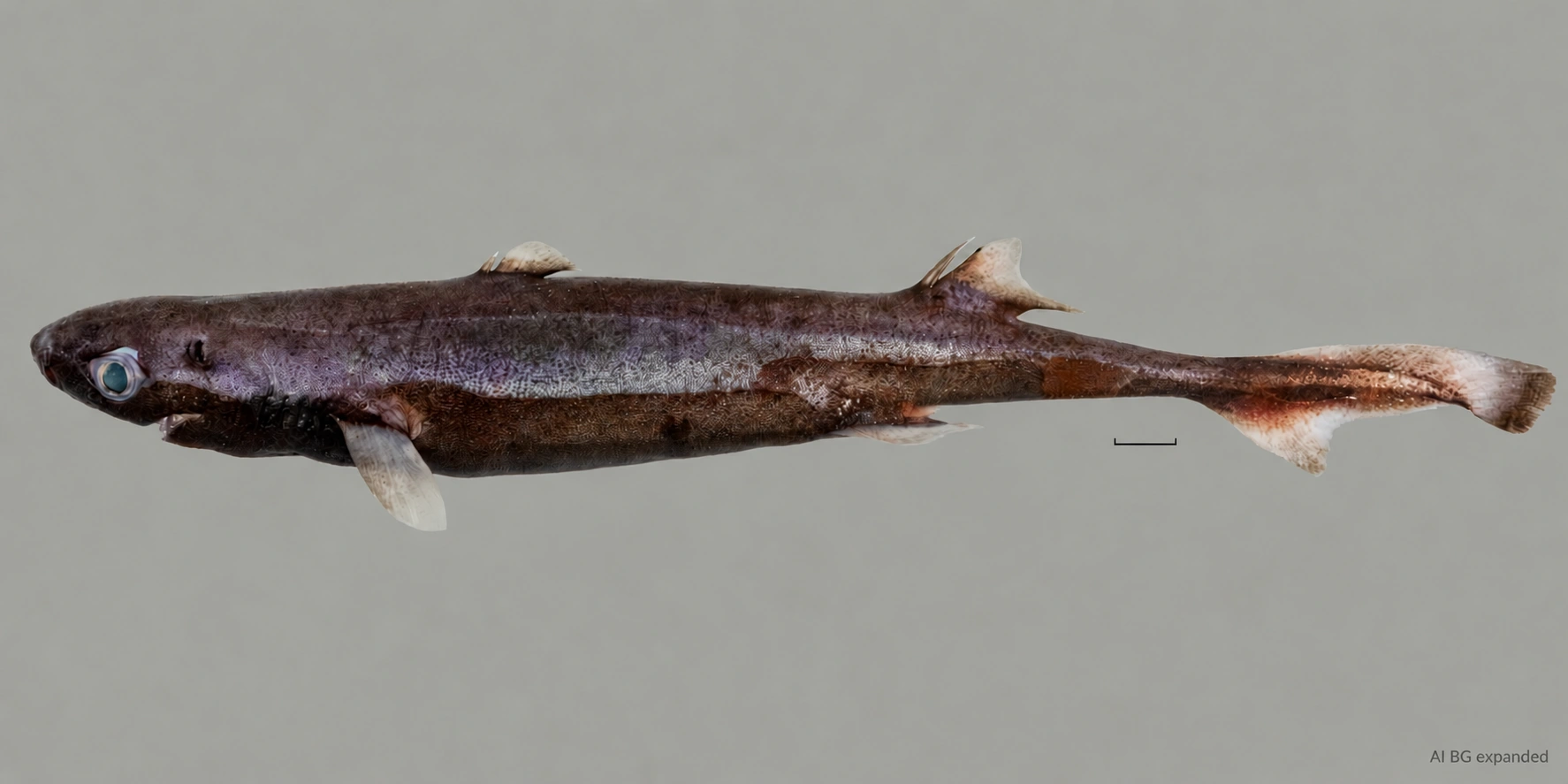 Fresh female of Etmopterus bulbosus with a bulging snout, two dorsal fins, and scale bar; background expanded with AI