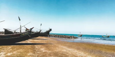 Fishing boats on the beach and in the sea on Sint Maarten