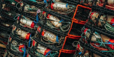 Stacked fishing gear with nets, lines and floats