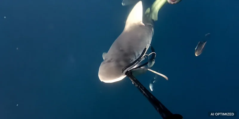 Shark approaching a spearfisher’s speargun during a safety stop off Destin