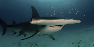 Great hammerhead Sphyrna mokarran close-up from an oblique front angle