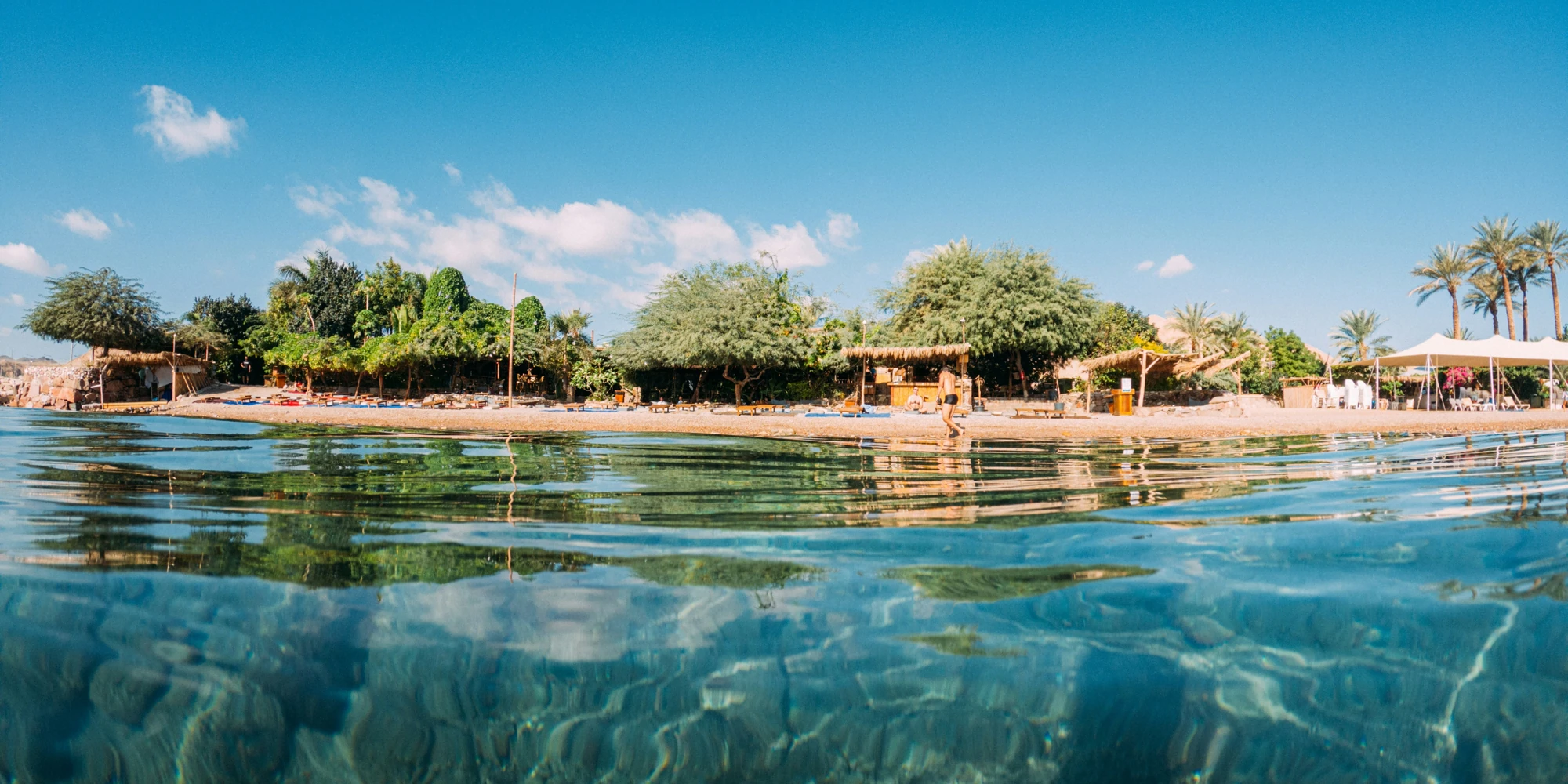Beach bar seen from the sea at Mosh Beach in Eilat, Israel