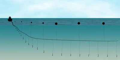 Diagram of a longline with mainline, branch lines and baited hooks