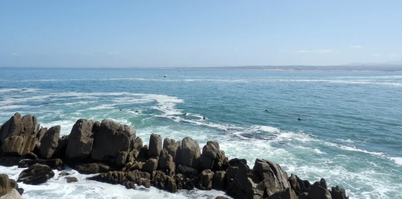 View from Lovers Point across the rocky coast and Monterey Bay near Pacific Grove