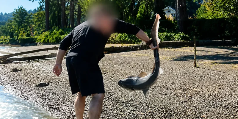 Man holds broadnose sevengill shark by tail during investigation in Washington state