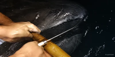 Hands holding a knife near the mouth of a megamouth shark; AI-enhanced video still