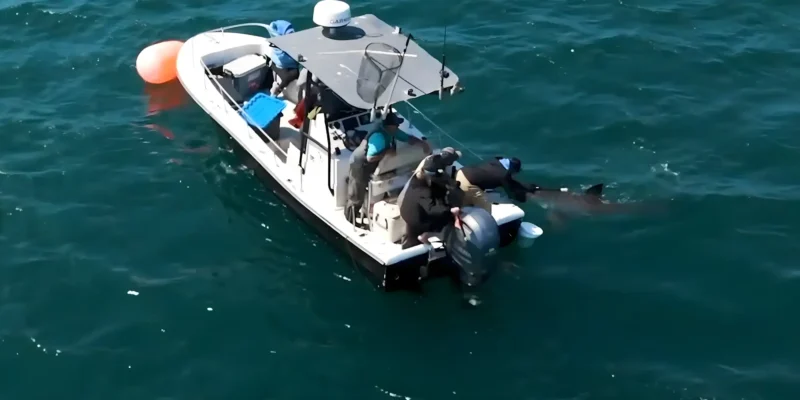 Researcher remotely tagging a great white shark from a boat