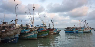 Colourful fishing boats on the water off Kalpitiya in Sri Lanka