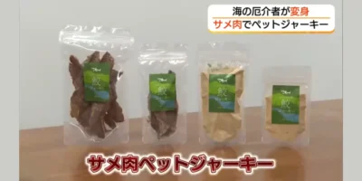 Four packages of shark-meat pet treats from Chizu, including dried pieces and powder, in the TSK/FNN report