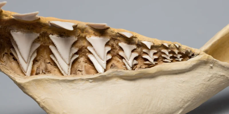 Serrated triangular teeth in a preserved great white shark jaw